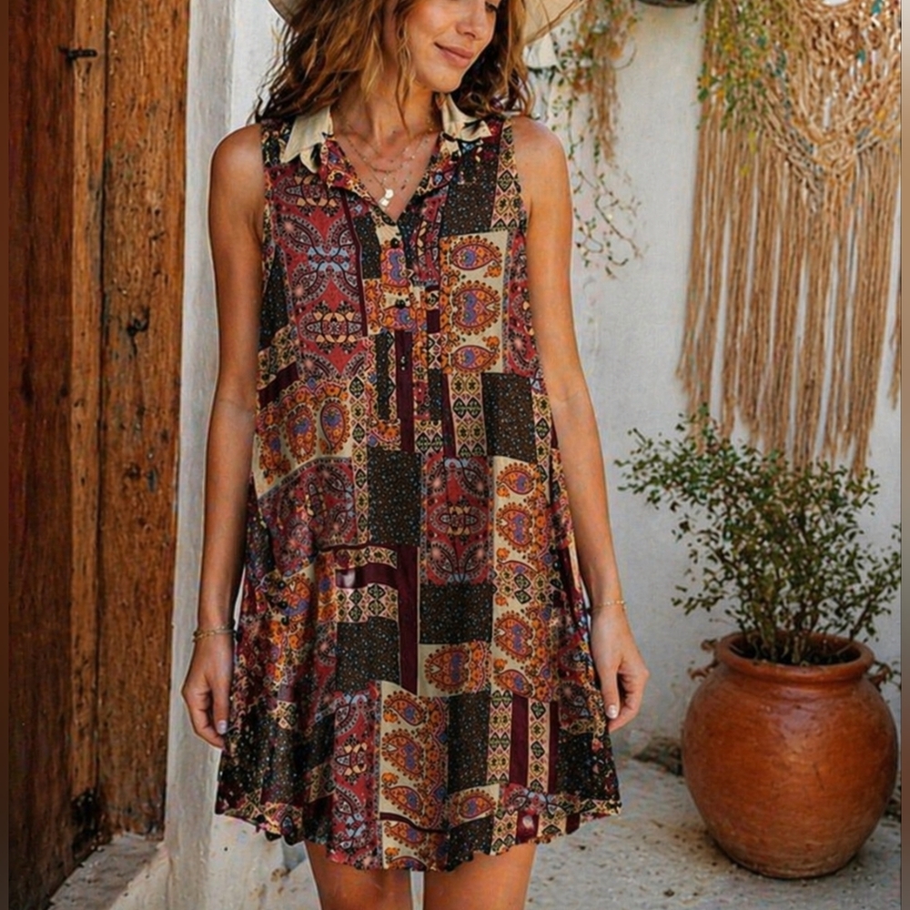 Simply Noelle Multicolor Patchwork Printed Dress with Cream Trim size S/M